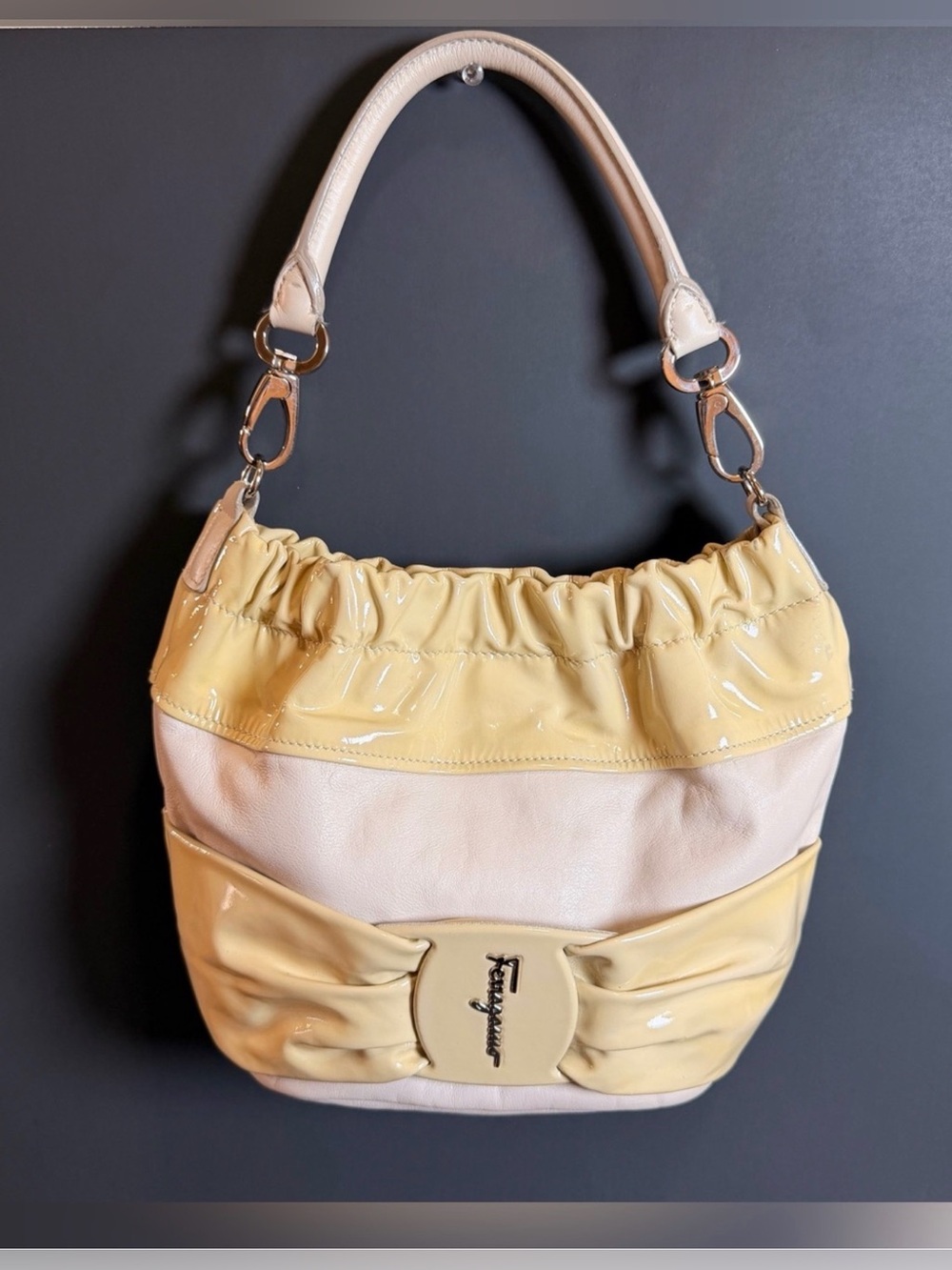 AUTHENTIC Salvatore Ferragamo Pale Yellow and Cream Patent-Trim Shoulder Bag COA